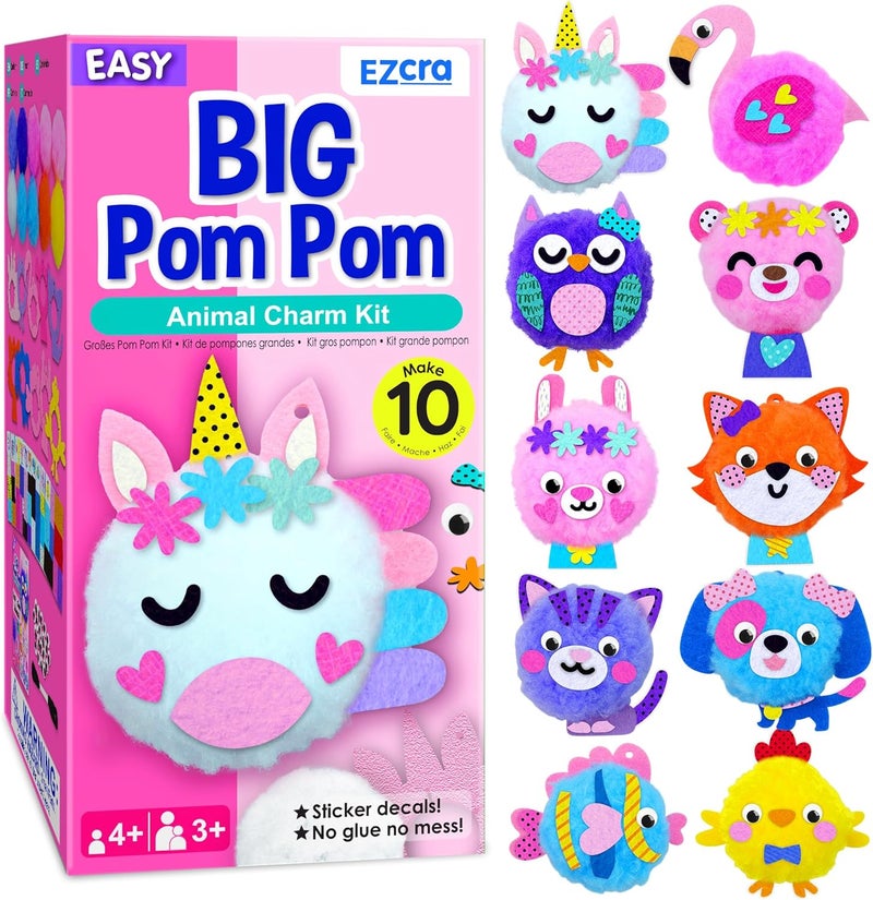 EZCRA Kids Crafts Ages 4-8 – 10 Plush Pom Pom Unicorn and Animals All-in-One DIY Craft Set – Felt Stickers, Educational & Creative Gift for Girls & Boys - Image 1